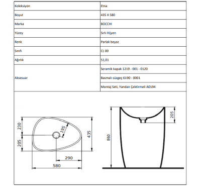 Bocchi Etna 58 cm Monoblok Lavabo Mat Kaşmir - 4