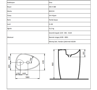 Bocchi Etna Monoblok Lavabo 58 cm Batarya Banklı Parlak Beyaz - 4