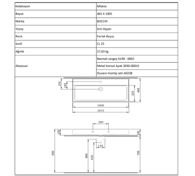 Bocchi Milano 100 cm Tezgah Üstü Lavabo Parlak Beyaz - 4