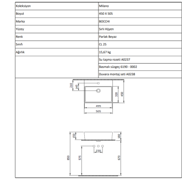 Bocchi Milano 50 cm Çanak Lavabo Batarya Delikli Mat Beton - 4