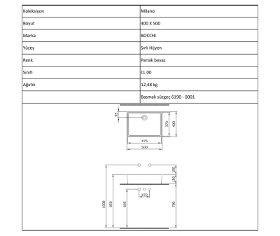 Bocchi Milano 50 cm Çanak Lavabo Parlak Beyaz - 4