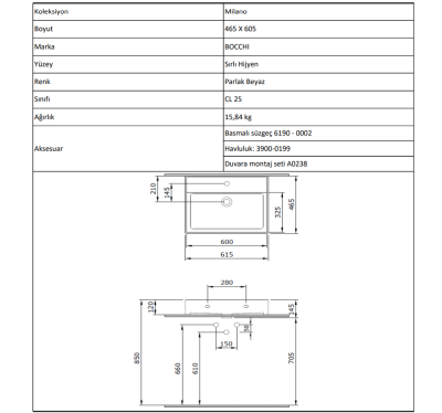 Bocchi Milano 60 cm Çanak Lavabo Parlak Beyaz - 4