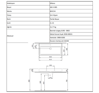 Bocchi Milano 80 cm Çanak Lavabo Parlak Beyaz - 4