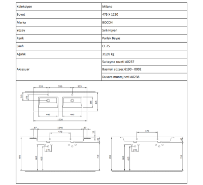 Bocchi Milano Çift Gözlü Lavabo 120 cm Mat Kaşmir - 4