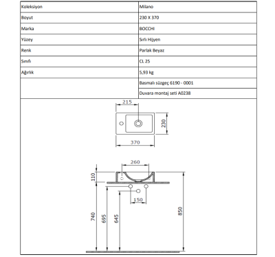 Bocchi Milano Dar Sağ Lavabo 37 cm Mat Beton - 4