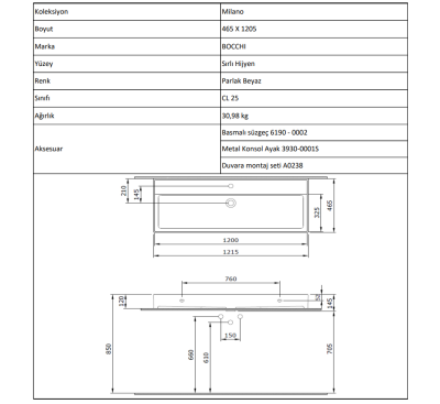 Bocchi Milano Lavabo 120 cm Parlak Beyaz - 4