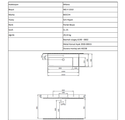 Bocchi Milano Sağdan Etajerli Lavabo 100 cm Mat Gri - 4