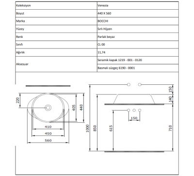 Bocchi Venezia 56 cm Çanak Lavabo Parlak Beyaz - 4