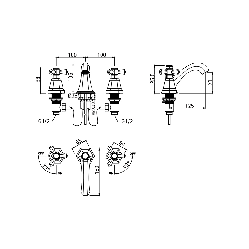 Newarc Hexa Üç Delikli Lavabo Bataryası Parlak Bakır - Newarc (1)