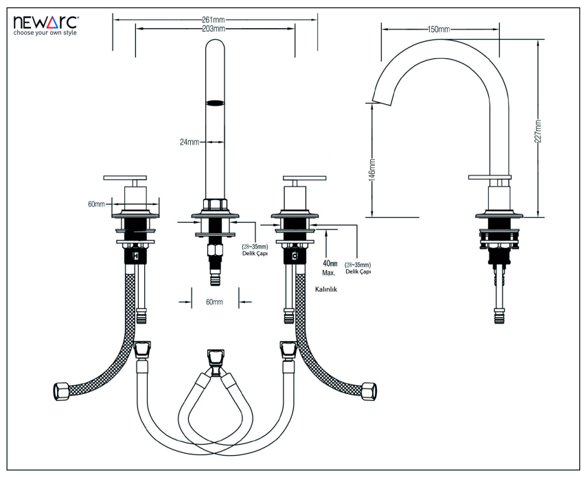 Newarc Newart 3 Delikli Lavabo Bataryası Siyah - Newarc (1)