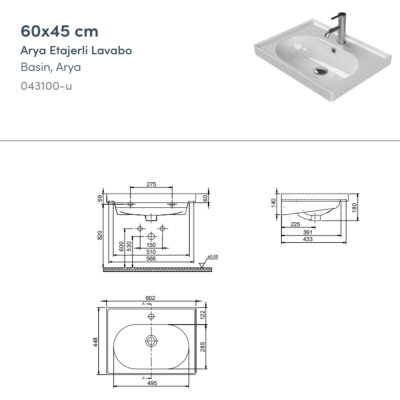 Turkuaz Arya Etajerli Lavabo 60x45 cm - 2