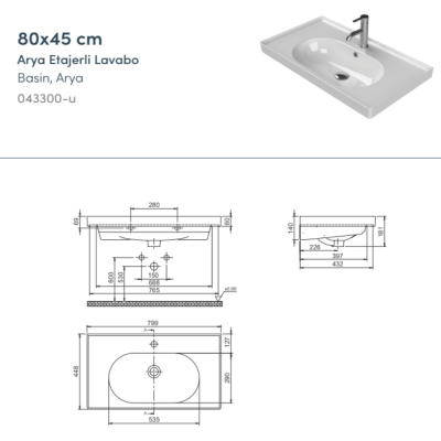 Turkuaz Arya Etajerli Lavabo 80x45 cm - 2
