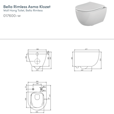 Turkuaz Bella Rimless Asma Klozet Seti, 48 cm - 2