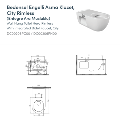 Turkuaz City Engelli Rimless Entegre Ara Musluklu Asma Klozet Seti (Klozet Kapağı Dahil) - 2