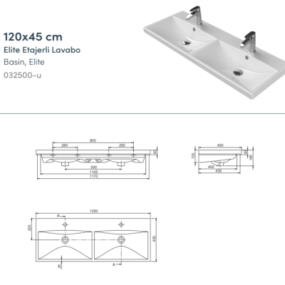 Turkuaz Elite Etajerli Lavabo 120x45 cm (Çift Hazneli Çift Delikli) - 2
