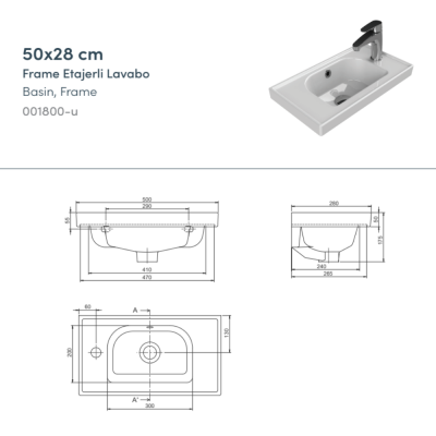 Turkuaz Frame Etajerli Lavabo 50x28 cm (Sağdan Bataryalı) - 2