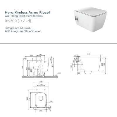 Turkuaz Hera Rimless Entegre Ara Musluklu Asma Klozet Seti (Klozet Kapağı Dahil) - 4