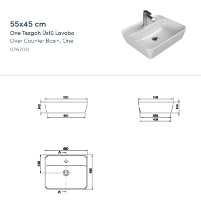 Turkuaz One Tezgahüstü Lavabo 55x45 cm - 3