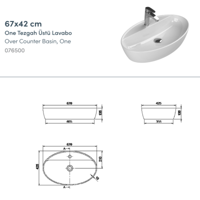 Turkuaz One Tezgahüstü Lavabo 67x42 cm - 3