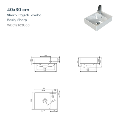 Turkuaz Sharp Etajerli Lavabo 40x30 cm - 2