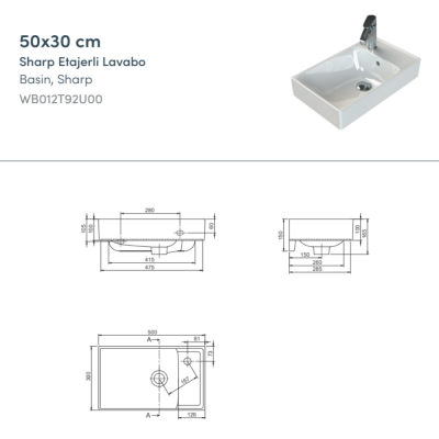 Turkuaz Sharp Etajerli Lavabo 50x30 cm - 2