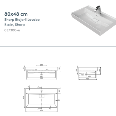 Turkuaz Sharp Etajerli Lavabo 80x48 cm - 2