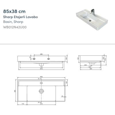 Turkuaz Sharp Etajerli Lavabo 85x38 cm - 2