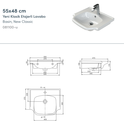 Turkuaz Yeni Klasik Etajerli Lavabo 55x48 cm - 3