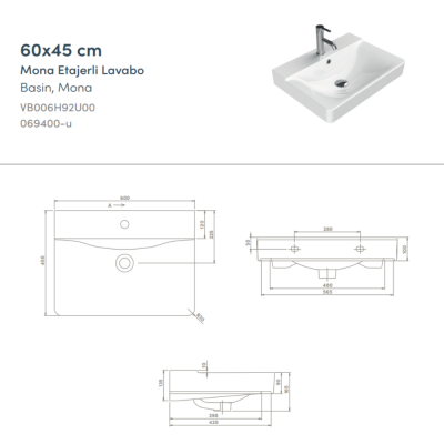 Turkuaz Yeni Mona Etajerli Lavabo 60x45 cm - 2