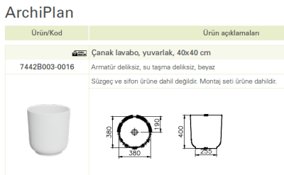 Vitra Archiplan Çanak Lavabo Yuvarlak, 40x40 cm Armatür Deliksiz, Su Taşma Deliksiz, Beyaz - 2