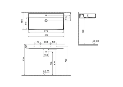 Vitra Archiplan Lavabo 100x46 cm Tek Armatür Delikli, Su Taşma Deliksiz, Mat Taş Gri - 2