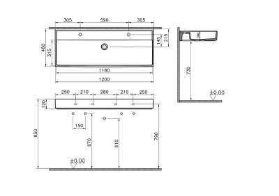 Vitra Archiplan Lavabo 120x46 cm Çift Armatür Delikli, Su Taşma Deliksiz, Mat Taş Gri - 2