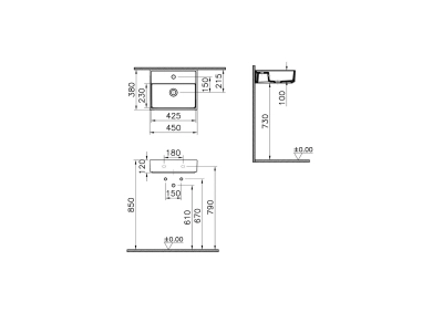 Vitra Archiplan Lavabo Kompakt, 45x38 cm Tek Armatür Delikli, Su Taşma Delikli, Mat Taş Gri - 2