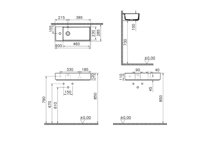 Vitra Archiplan Lavabo Kompakt, 60x28 cm Soldan Tek Armatür Delikli, Su Taşma Delikli, Mat Taş Gri - 2