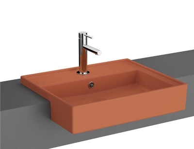 Vitra Archiplan Yarım Tezgah Lavabo 55x46 cm Tek Armatür Delikli, Su Taşma Delikli, Mat Terra Rosa - 1