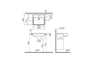 Vitra Archiplan Yarım Tezgah Lavabo 55x46 cm Tek Armatür Delikli, Su Taşma Delikli, Mat Terra Rosa - 2