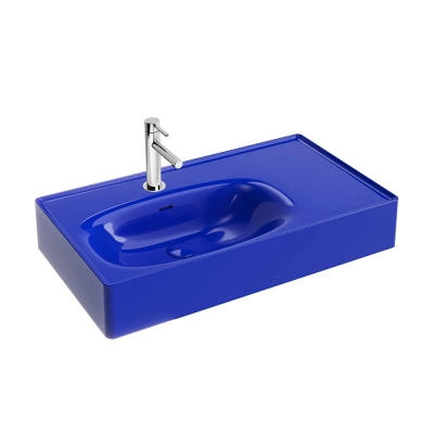 Vitra Equal Çanak Lavabo Yuvarlak, 80x45 cm Tek Armatür Delikli, Su Taşma Delikli, Clean, İndigo Mavi - 1