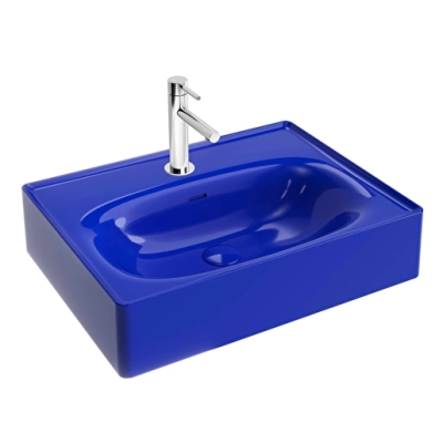 Vitra Equal Çanak Lavabo Yuvarlak, Kompakt, 60x45 cm Tek Armatür Delikli, Su Taşma Delikli, Clean, İndigo Mavi - 1