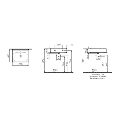Vitra Equal Lavabo Dikdörtgen, 60x45 cm Tek Armatür Delikli, Su Taşma Delikli, Clean, Mat Taş Gri - 2