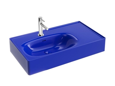 Vitra Equal Lavabo Yuvarlak, 80x45 cm Tek Armatür Delikli, Su Taşma Delikli, Clean, İndigo Mavi - 1