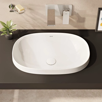 Vitra Frame Tezgahüstü Lavabo Oval, 55x39 cm Armatür Deliksiz, Su Taşma Deliksiz, Clean, Mat Beyaz - 2