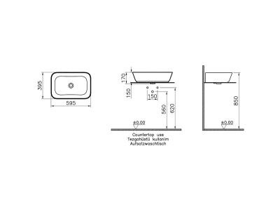 Vitra Geo Çanak Lavabo Dikdörtgen, 60x39 cm Armatür Deliksiz, Su Taşma Deliksiz, Mat Bej - 2