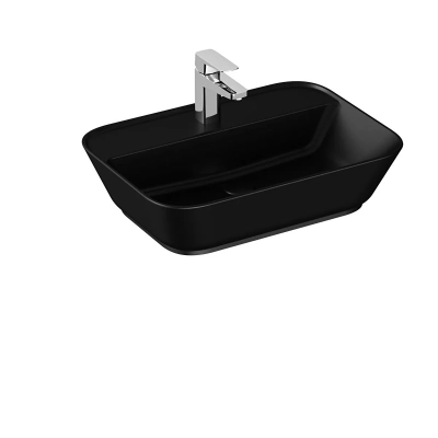Vitra Geo Çanak Lavabo Dikdörtgen, 60x43 cm Tek Armatür Delikli, Su Taşma Deliksiz, Mat Siyah - 1