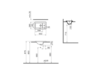 Vitra Integra Etajerli Lavabo Kompakt, 45x29 cm Tek Armatür Delikli, Su Taşma Delikli, Beyaz - 6
