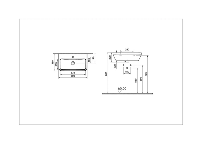 Vitra Integra Lavabo Dikdörtgen, Kompakt, 60x36 cm Tek Armatür Delikli, Su Taşma Delikli, Beyaz - 4