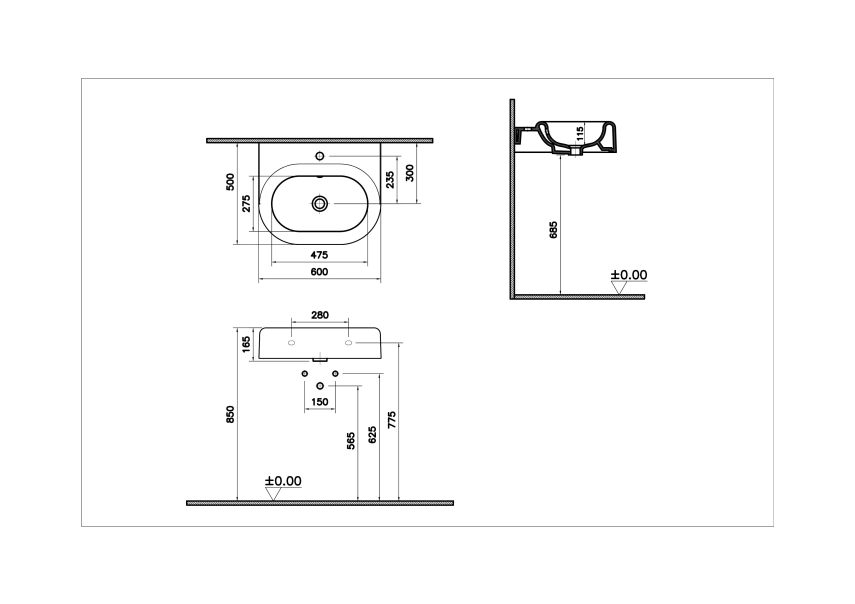 Vitra Liquid Lavabo 60x50 cm Tek Armatür Delikli, Su Taşma Delikli, Clean, Beyaz - Vitra (1)