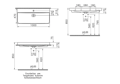 Vitra Metropole Çanak Lavabo 100x47 cm Tek Armatür Delikli, Su Taşma Deliksiz, Mat Taş Gri - 2