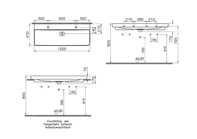 Vitra Metropole Çanak Lavabo 120x47 cm Çift Armatür Delikli, Su Taşma Deliksiz, Taupe - 2
