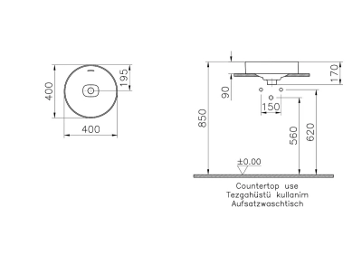 Vitra Metropole Çanak Lavabo Yuvarlak, 40x40 cm Armatür Deliksiz, Su Taşma Deliksiz, Taupe - 2