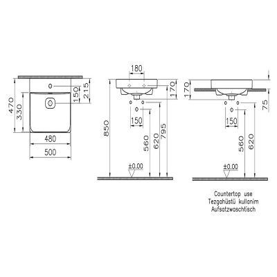 Vitra Metropole Lavabo 50x47 cm Tek Armatür Delikli, Su Taşma Delikli, Mat Beyaz - 2